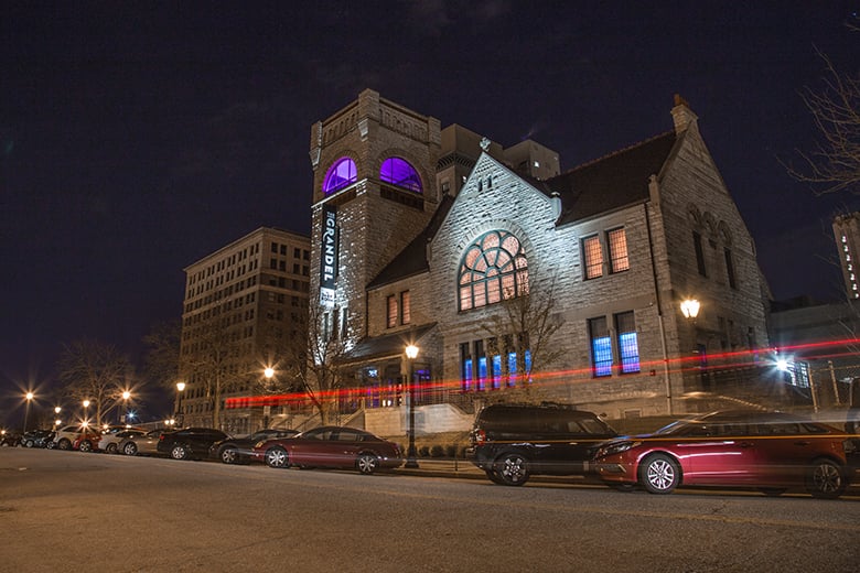 The Grandel Theatre at night — illuminated limestone Romanesque Revival facade of the 1884 former First Congregational Church at Grandel Square in St. Louis, Missouri