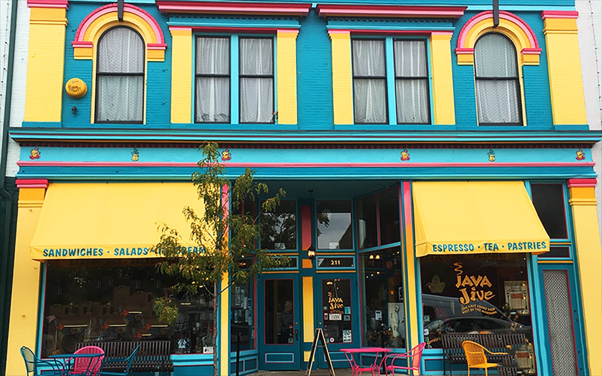 Java Jive Coffee Shop and Bakery storefront in the former Haydon hardware building on N Main Street in Hannibal, Missouri
