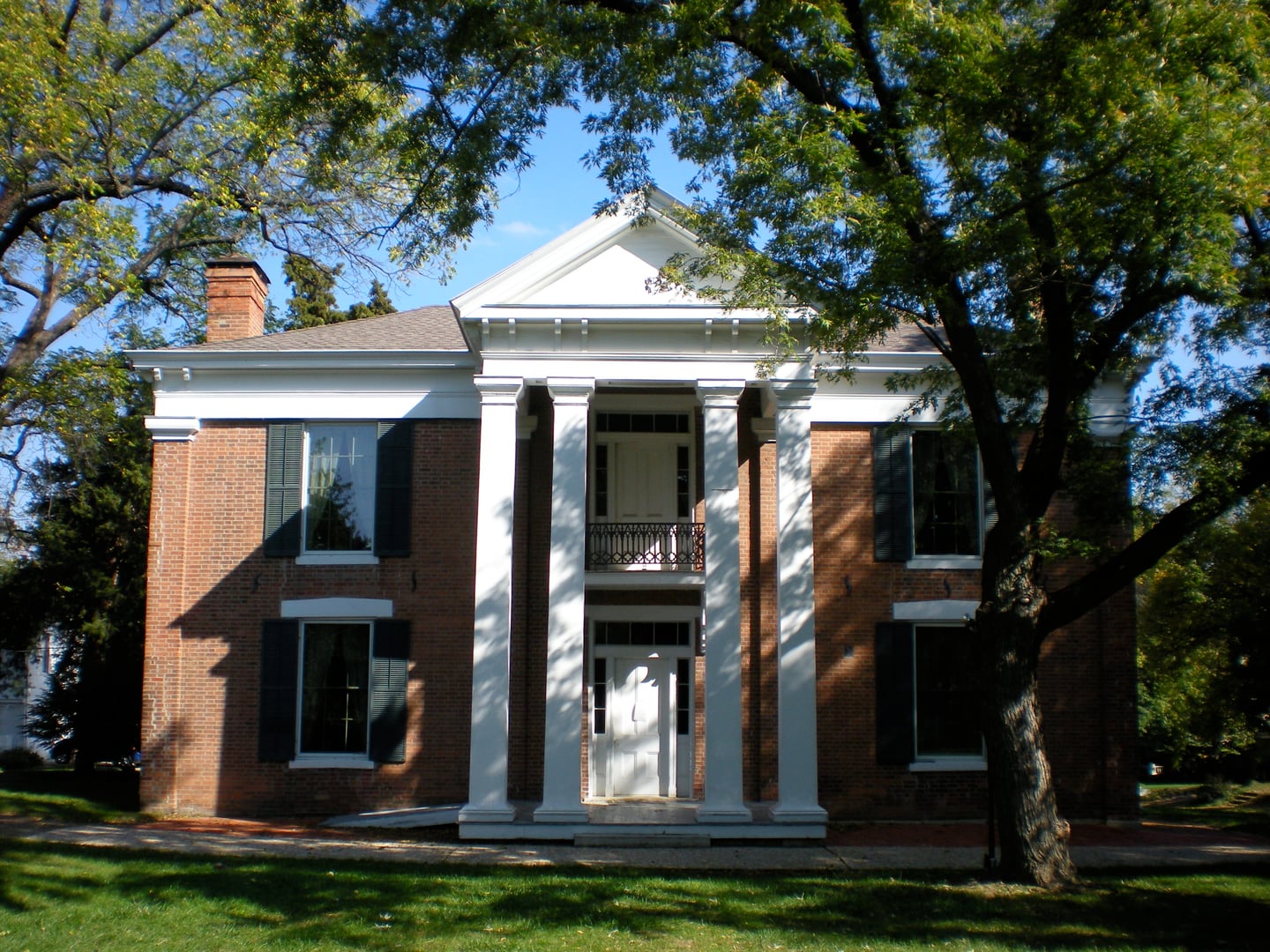 The 1858 Italianate brick facade of the John Wornall House Museum on Wornall Road in Kansas City, Missouri