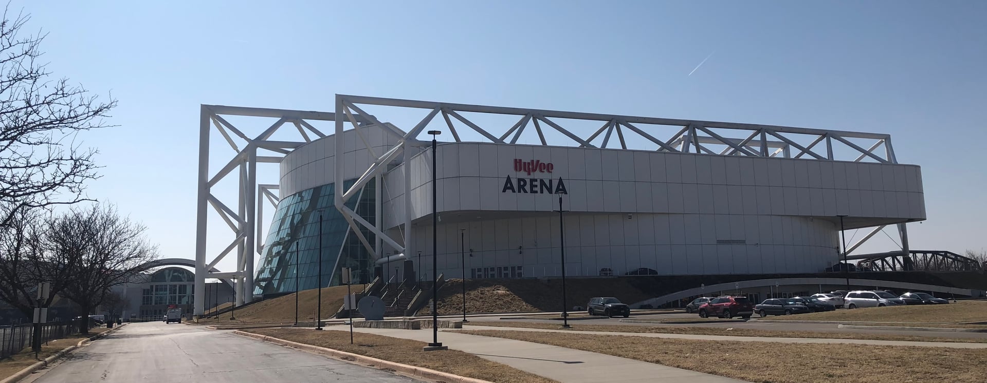 2022 exterior view of Hy-Vee Arena, formerly Kemper Arena, in Kansas City Missouri, featuring Helmut Jahn's distinctive suspended roof trusses