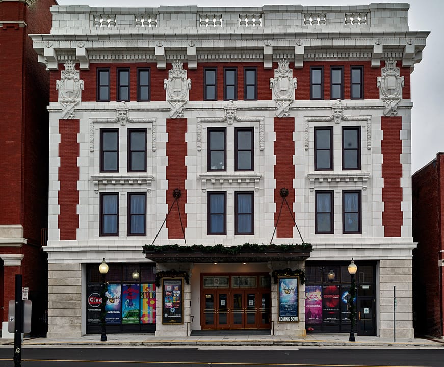 A clean, straight-on facade view of the Landers Theatre (home of the Springfield Little Theatre) decorated with holiday wreaths, 2020, by Carol M. Highsmith.