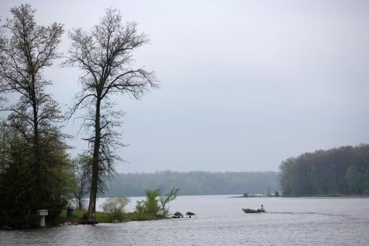 Trail at Little Dixie Lake Conservation Area in Callaway County, Missouri, with oak canopy and lake visible