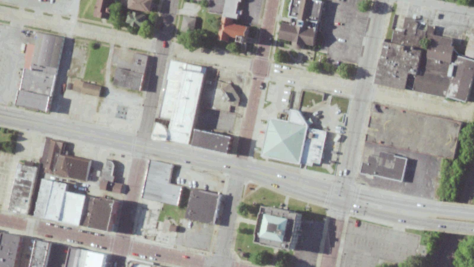 Aerial survey view of Overby's Furniture Store (Beigley Building / Hays the Music Store)