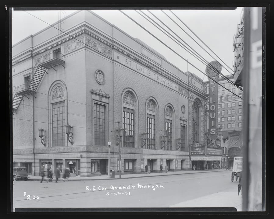 The St. Louis Theatre, now Powell Hall, at the southeast corner of Grand Boulevard and Morgan Street (now Delmar), St. Louis, photographed May 22, 1931 by the city's Department of Streets and Sewers, with its vertical 'St. Louis' sign and 'RKO St. Lo