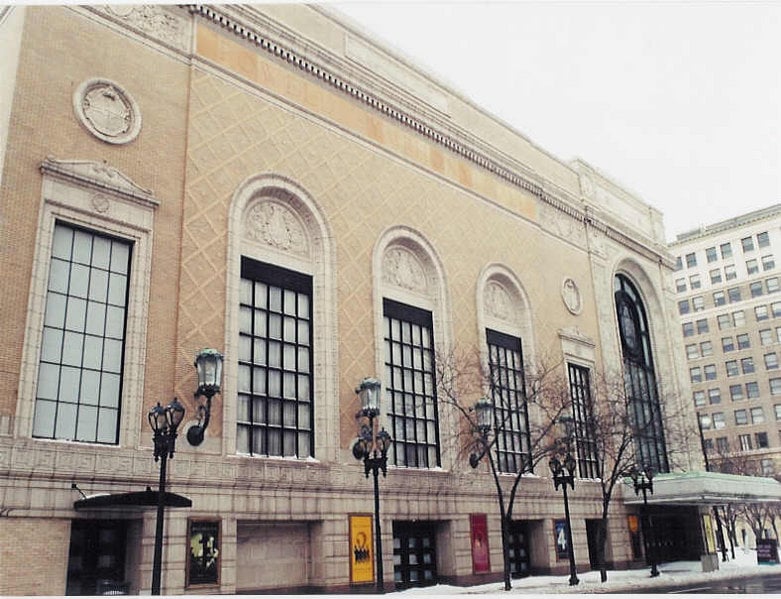 Powell Symphony Hall exterior at 718 N Grand Boulevard in St. Louis, Missouri, the 1925 Rapp & Rapp Italian Renaissance former movie palace converted to a concert hall in 1968