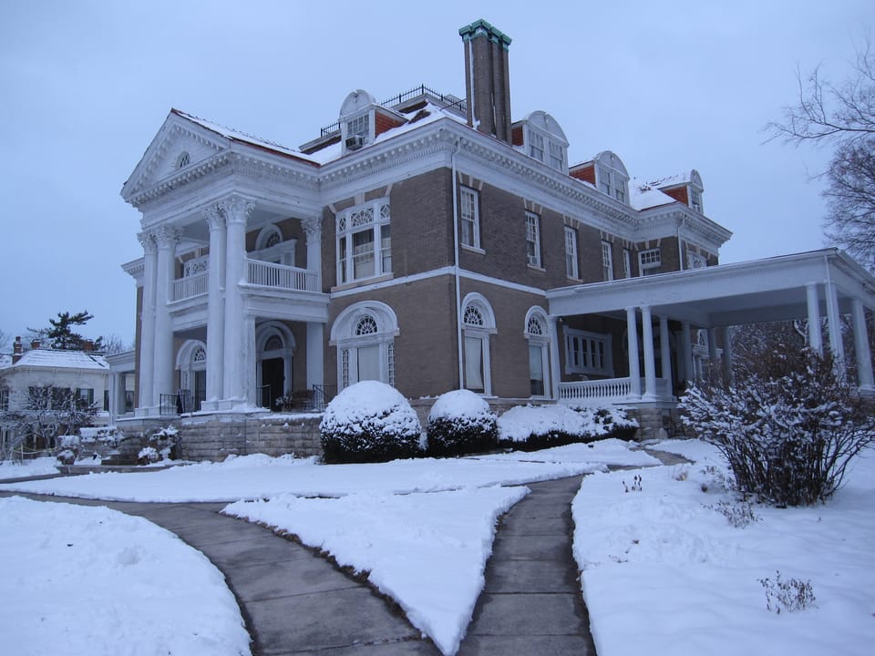 Rockcliffe Mansion, a Colonial Revival house museum atop a limestone bluff in Hannibal, Missouri