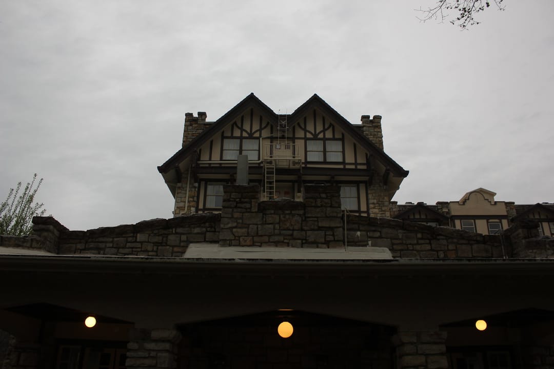 The Elms Hotel exterior in Excelsior Springs Missouri, historic stone resort building
