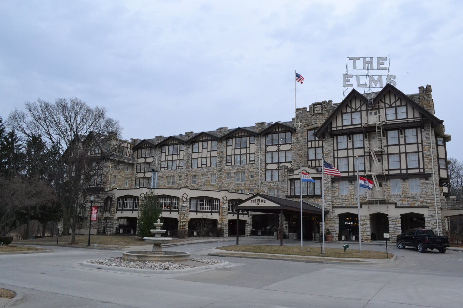 The Elms Hotel exterior in Excelsior Springs Missouri, historic stone resort building