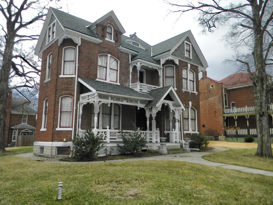 Exterior of the Henry C. Thias House, an 1888 Queen Anne brick dwelling at 304 Elm Street in Washington, Missouri.