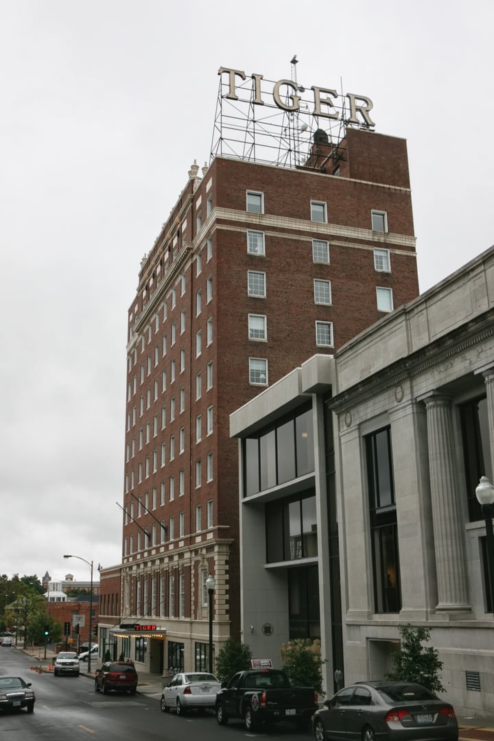 The Tiger Hotel in Columbia, Missouri, photographed in 2013 — a nine-story 1928 building restored as a boutique hotel in 2012