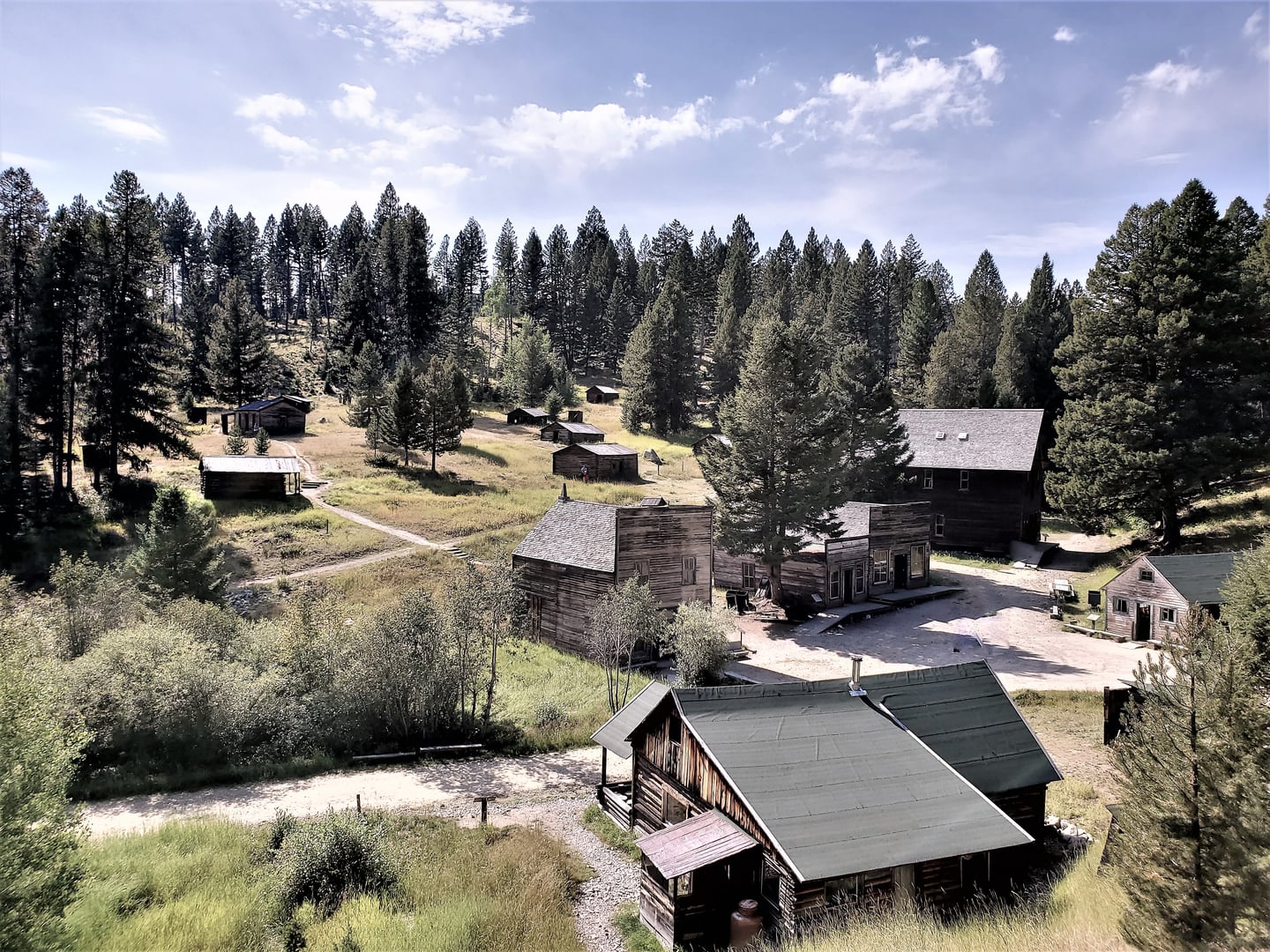 Surviving commercial buildings of Garnet Ghost Town in the Garnet Mountains of Montana
