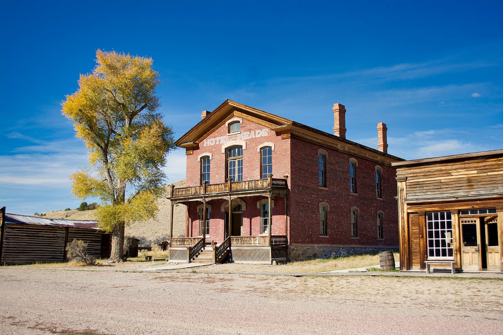 The brick Italianate façade of Hotel Meade in Bannack ghost town, Montana