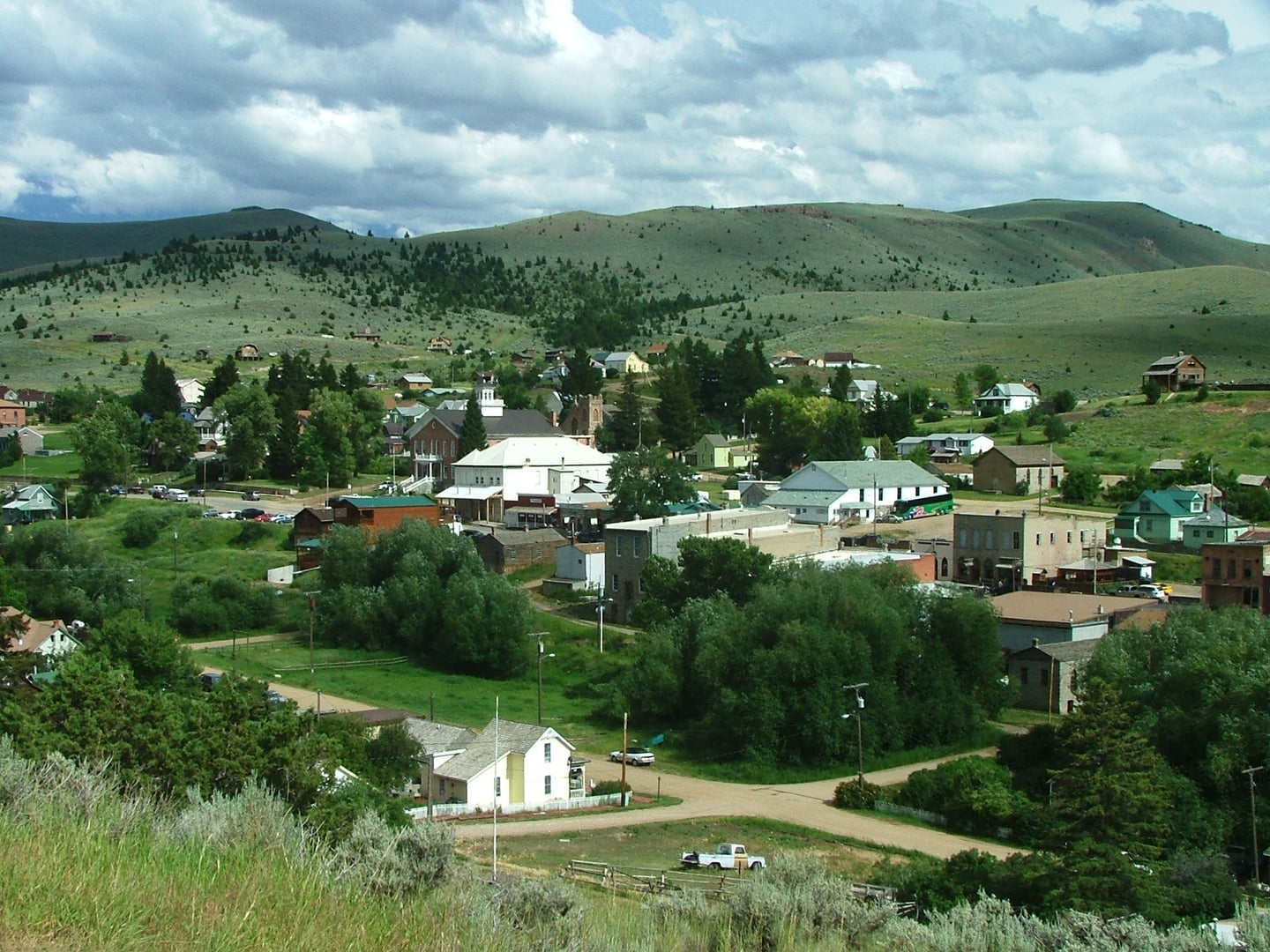 Aerial view of Virginia City, Montana from a nearby hillside - the gold-rush territorial capital and National Historic Landmark District