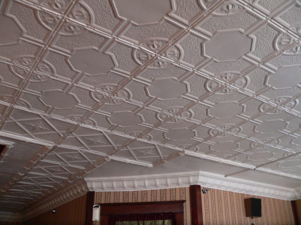 Pressed-tin lobby ceiling inside the Historic Argo Hotel, Crofton, Nebraska.