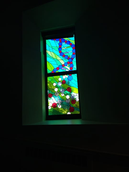 Scientifical stained glass in Weller Hall at Concordia University, Nebraska