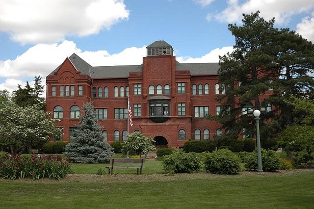 Old Main building at Nebraska Wesleyan University, an 1888 Richardsonian Romanesque structure on the Lincoln Nebraska campus, listed on the National Register of Historic Places