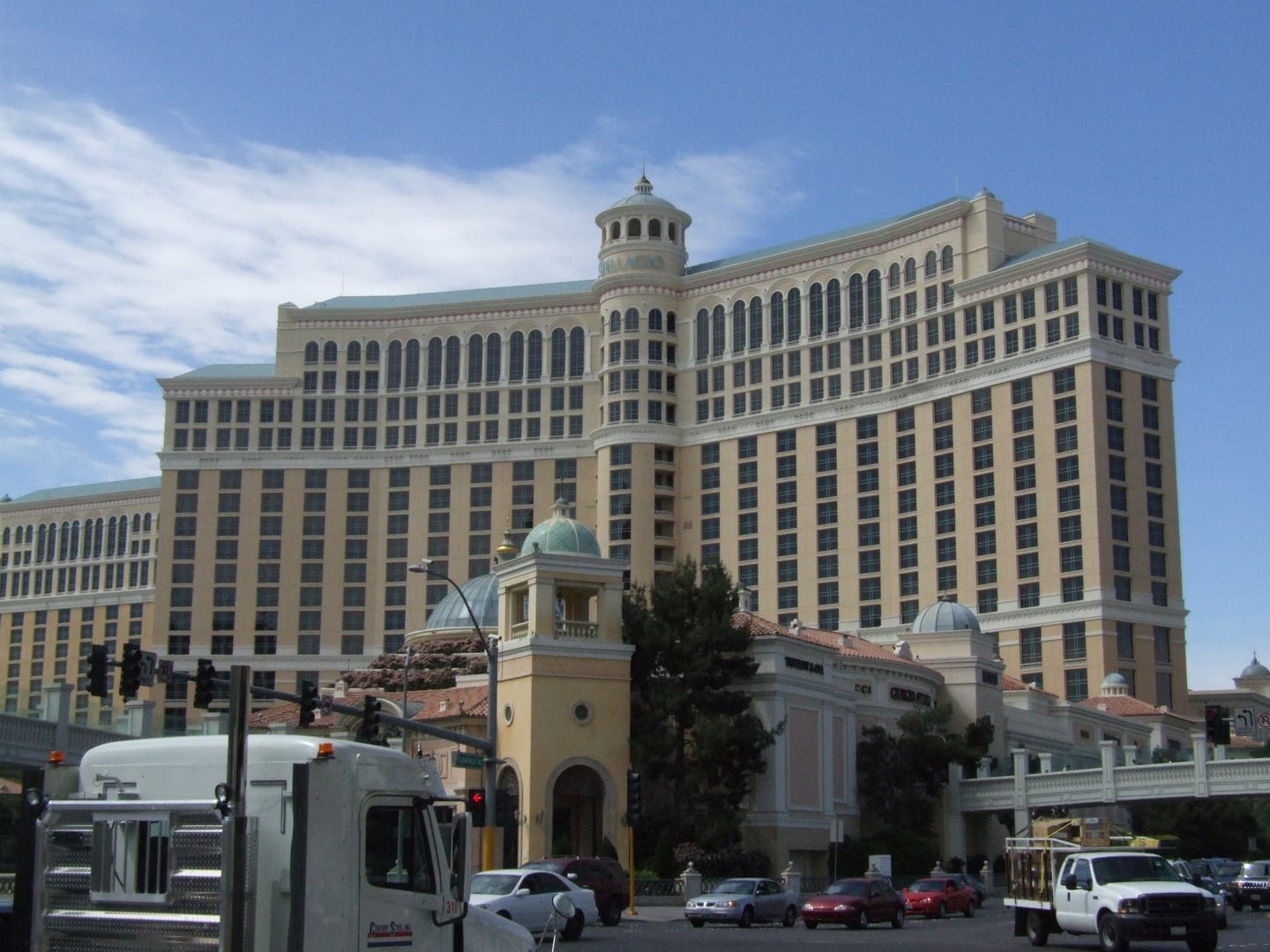 Daytime exterior view of the Bellagio Hotel and Casino facade on the Las Vegas Strip