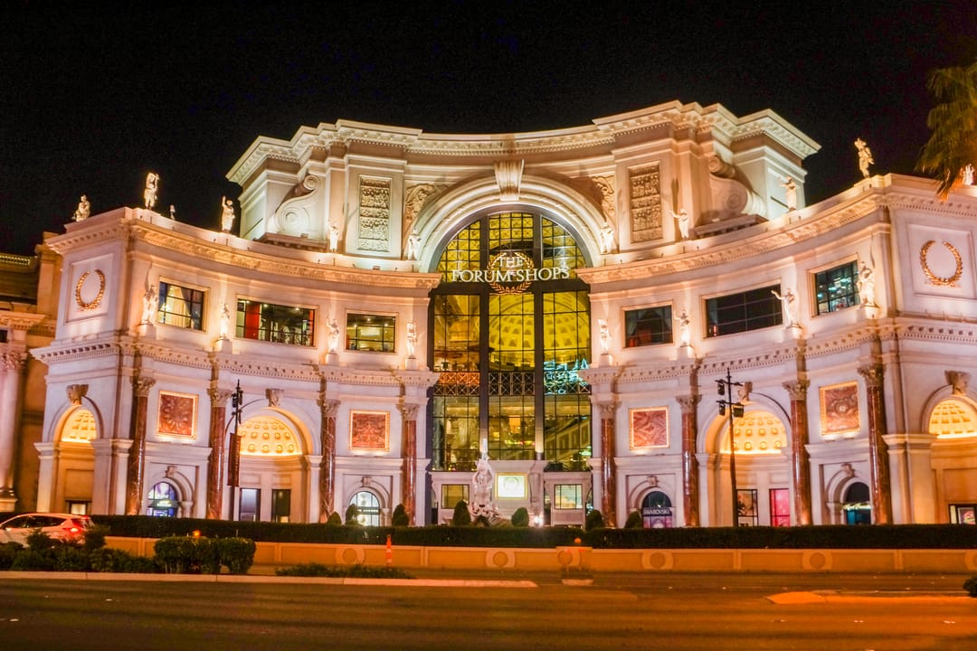 Caesars Palace Hotel Casino crescent towers and Roman themed entrance on the Las Vegas Strip