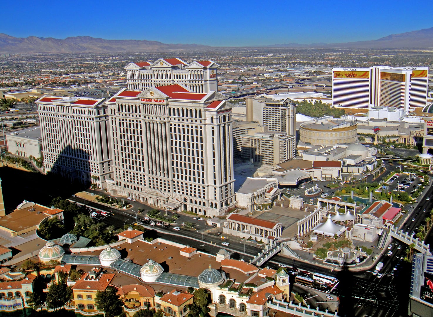 Caesars Palace Hotel Casino crescent towers and Roman themed entrance on the Las Vegas Strip