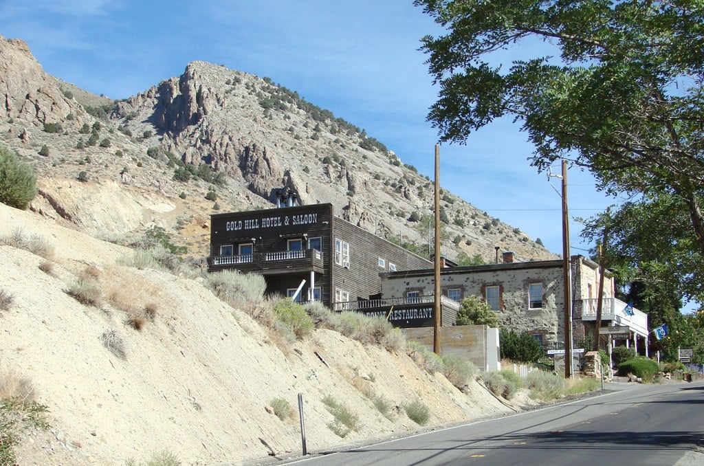 Stone facade of the 1861 Gold Hill Hotel in the Nevada Comstock Historic District