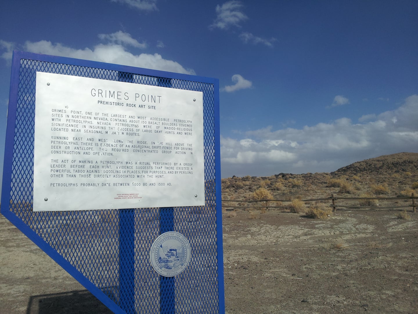 Historical marker at the Grimes Point petroglyph site along US Highway 50 in Churchill County, Nevada