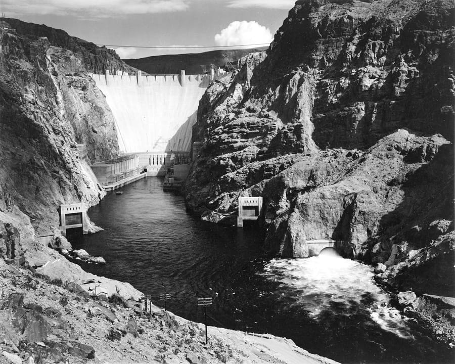 Aerial view of Hoover Dam spanning the Colorado River on the Nevada-Arizona border