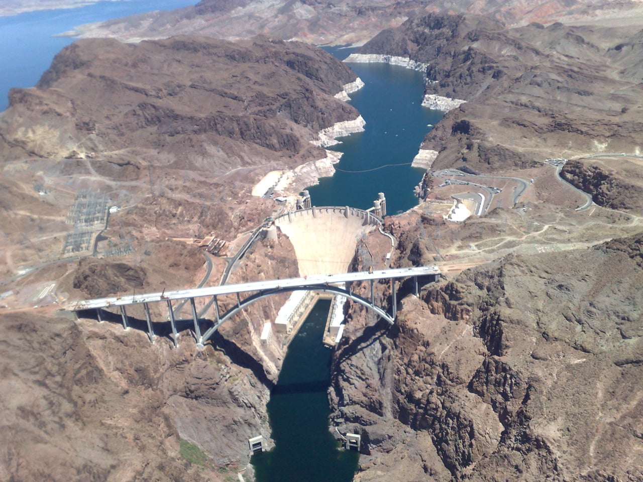 Aerial view of Hoover Dam spanning the Colorado River on the Nevada-Arizona border