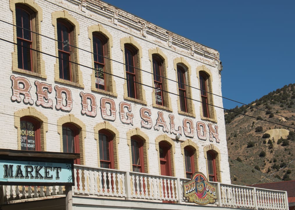 The Red Dog Saloon building on C Street in Virginia City's historic district, one of the former names of this venue, in mountain fog, November 2025.
