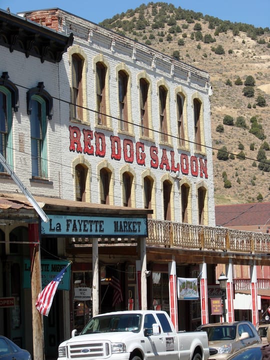 Street-level view of the Red Dog Saloon building with La Fayette Market next door, Virginia City, August 2010.