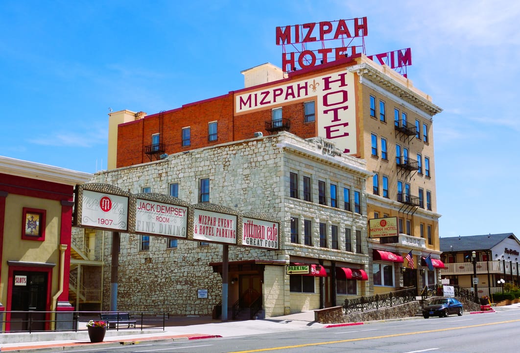 Exterior of the historic five-story Mizpah Hotel in Tonopah, Nevada