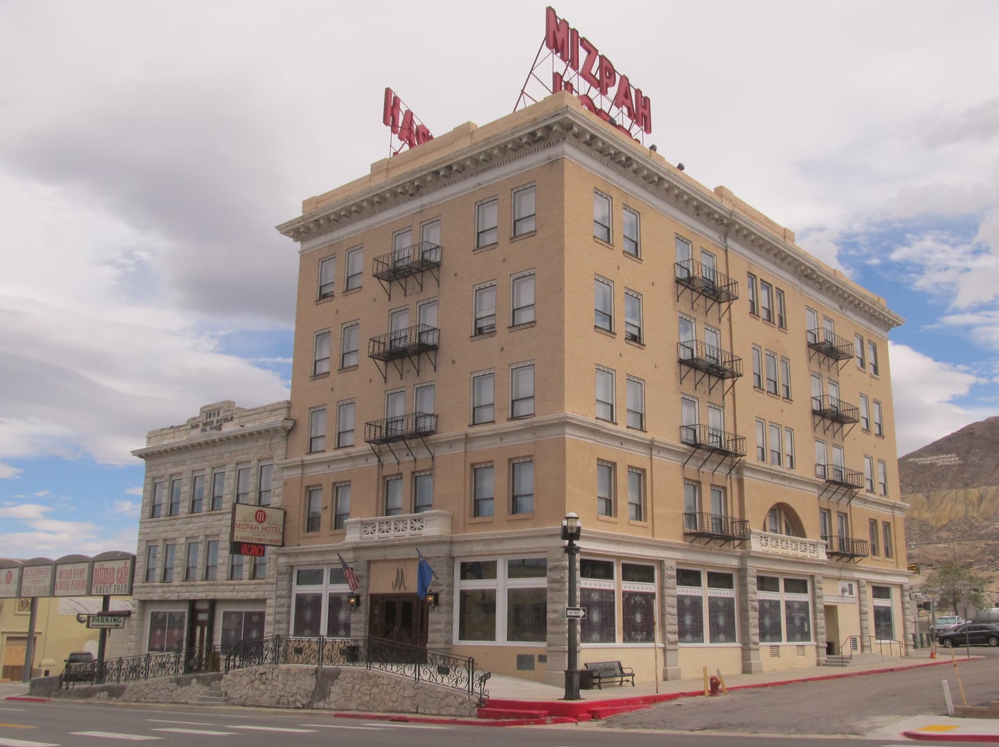 Exterior of the historic five-story Mizpah Hotel in Tonopah, Nevada