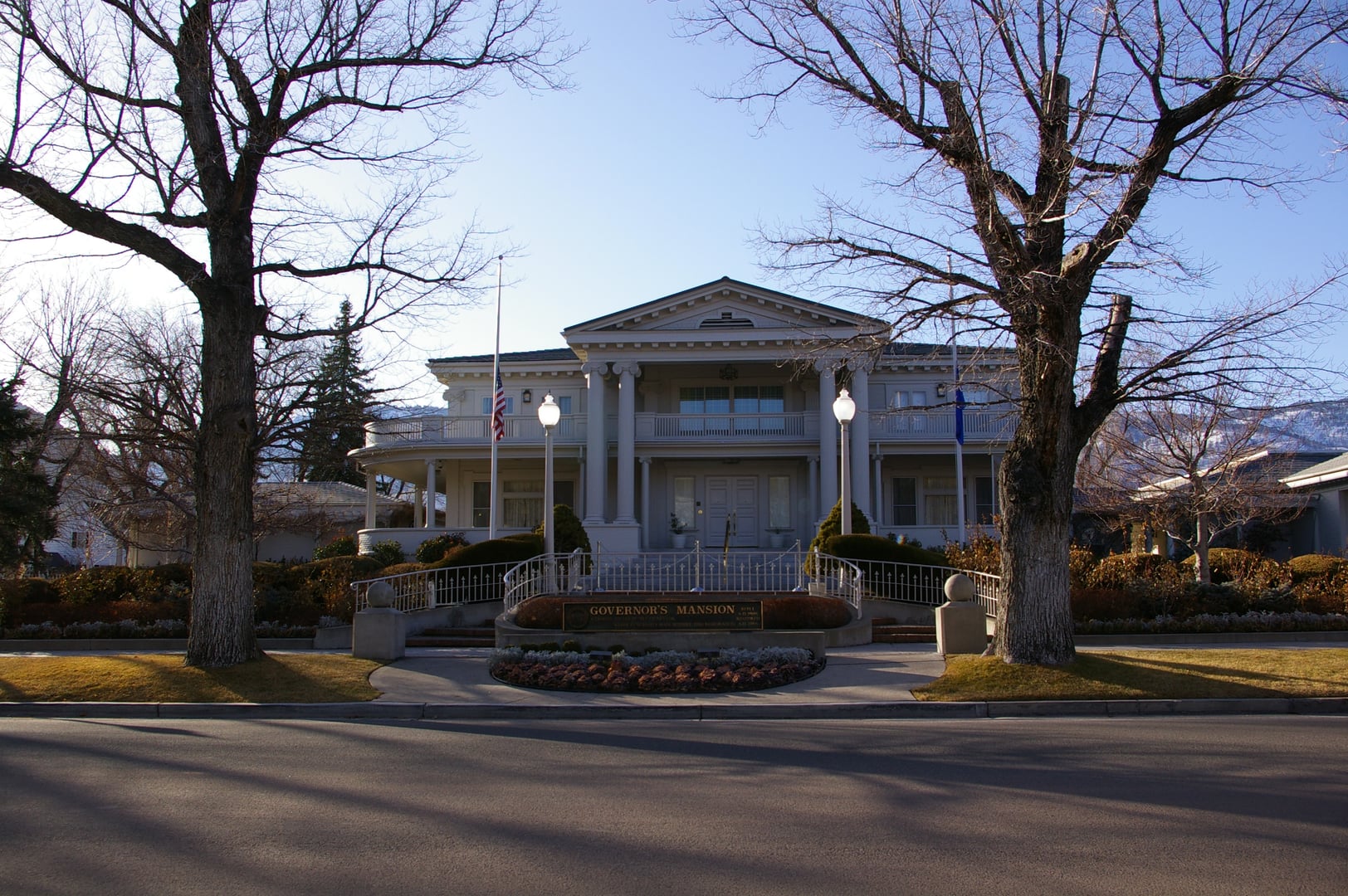 The Classical Revival white-columned facade of the Nevada Governor's Mansion in Carson City, completed in 1909