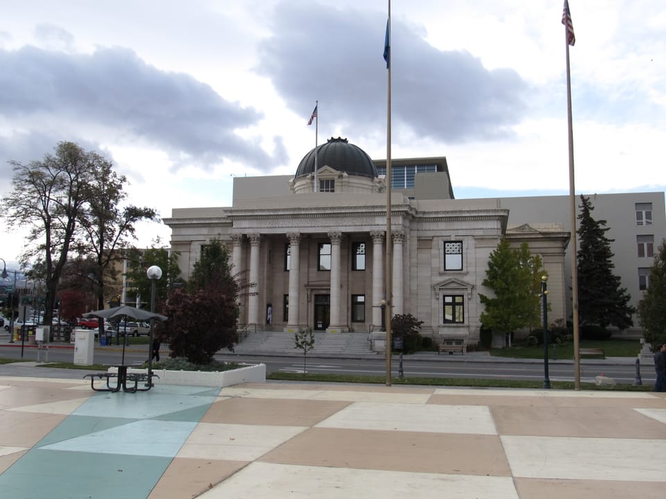 The Washoe County Courthouse seen across its plaza, Reno, Nevada, 2011.