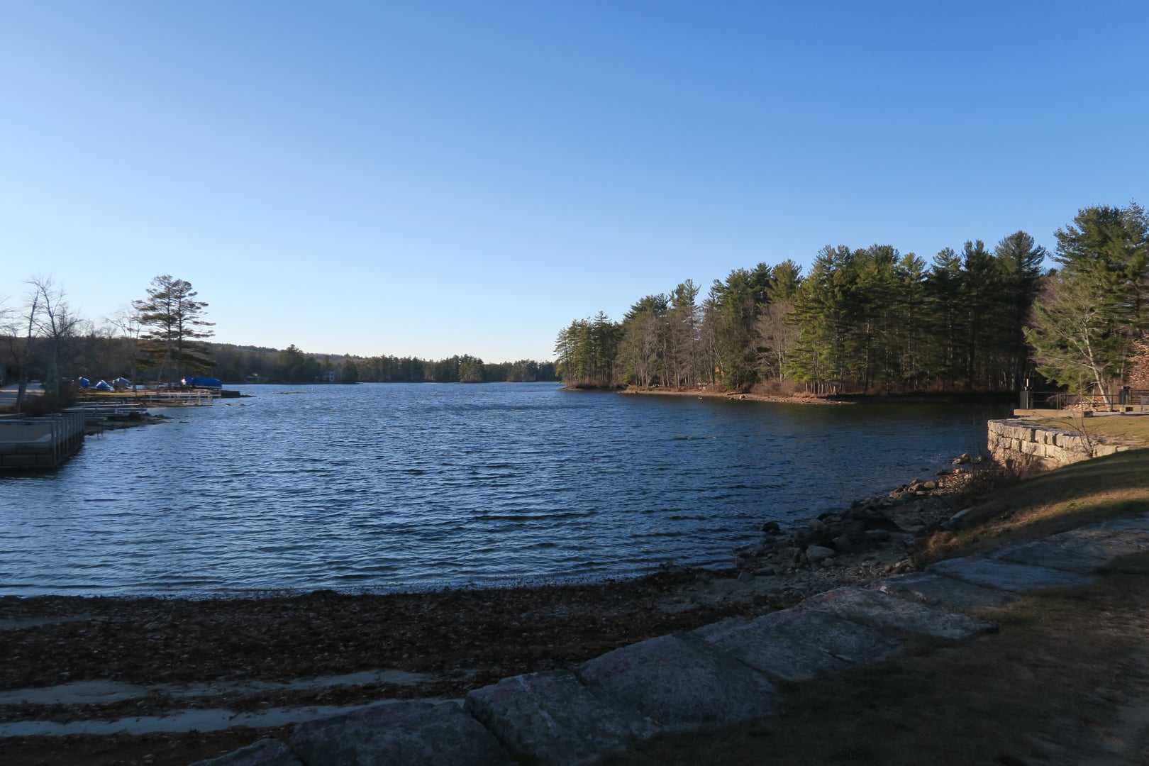 Wooded shoreline of Bow Lake at Bow Lake Village in Strafford, New Hampshire, a 1,149-acre lake.