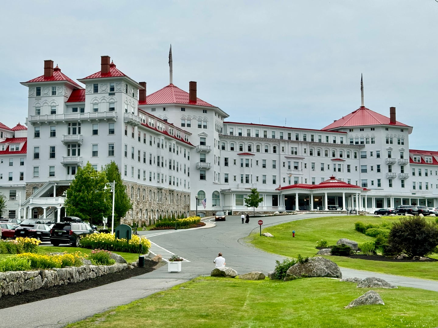 Mount Washington Hotel grand white facade with red roof, Bretton Woods New Hampshire