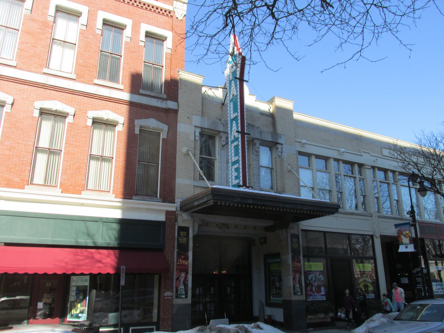 The 1915 Palace Theatre facade and marquee on Hanover Street in downtown Manchester, New Hampshire