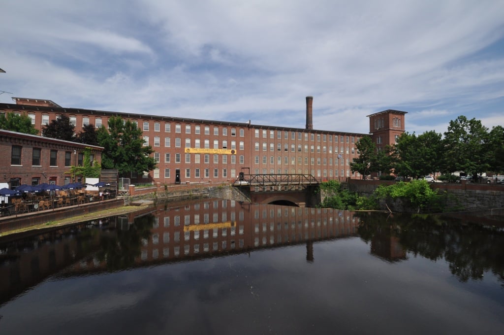The historic Cocheco Mill main complex on the Cocheco River in Dover, New Hampshire, now the Washington Street Mills mixed-use development