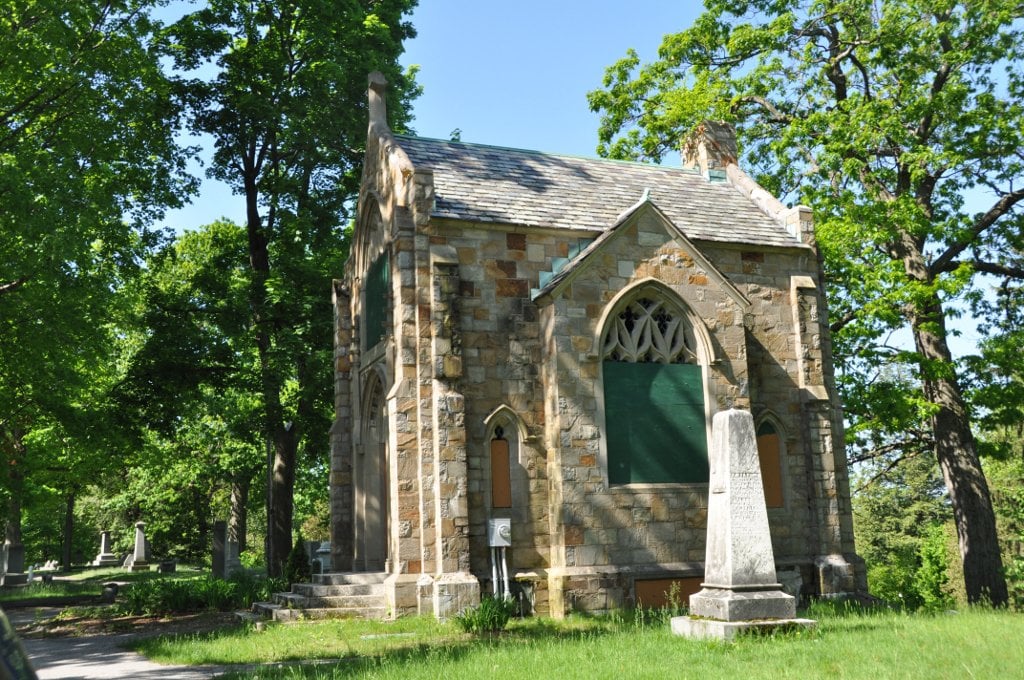 Victorian-era cemetery chapel at Valley Cemetery, the 1841 garden cemetery in Manchester, New Hampshire