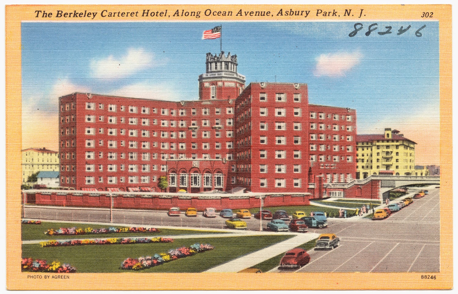 The Berkeley-Carteret Hotel along Ocean Avenue in Asbury Park, New Jersey, in a vintage postcard view