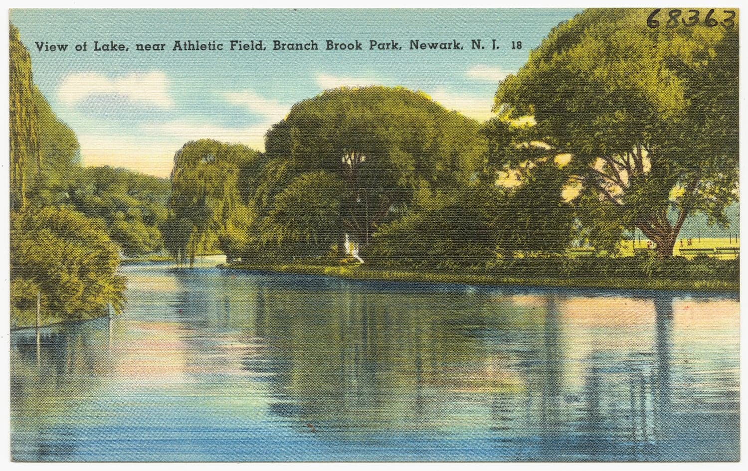 File name: 06_10_011628
Title: View of lake, near athletic field, Branch Brook Park, Newark, N. J. 
Date issued: 1930 - 1945 (approximate)
Physical description: 1 print (postcard) : linen texture, color ; 3 1/2 x 5 1/2 in.
Genre: Postcards 
Subject: Parks; Lakes &amp; ponds
Notes: Title from item.
C