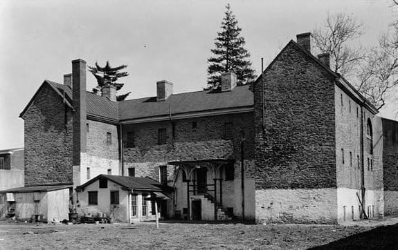 Historic Burlington County Prison stone facade in Mount Holly New Jersey designed by Robert Mills