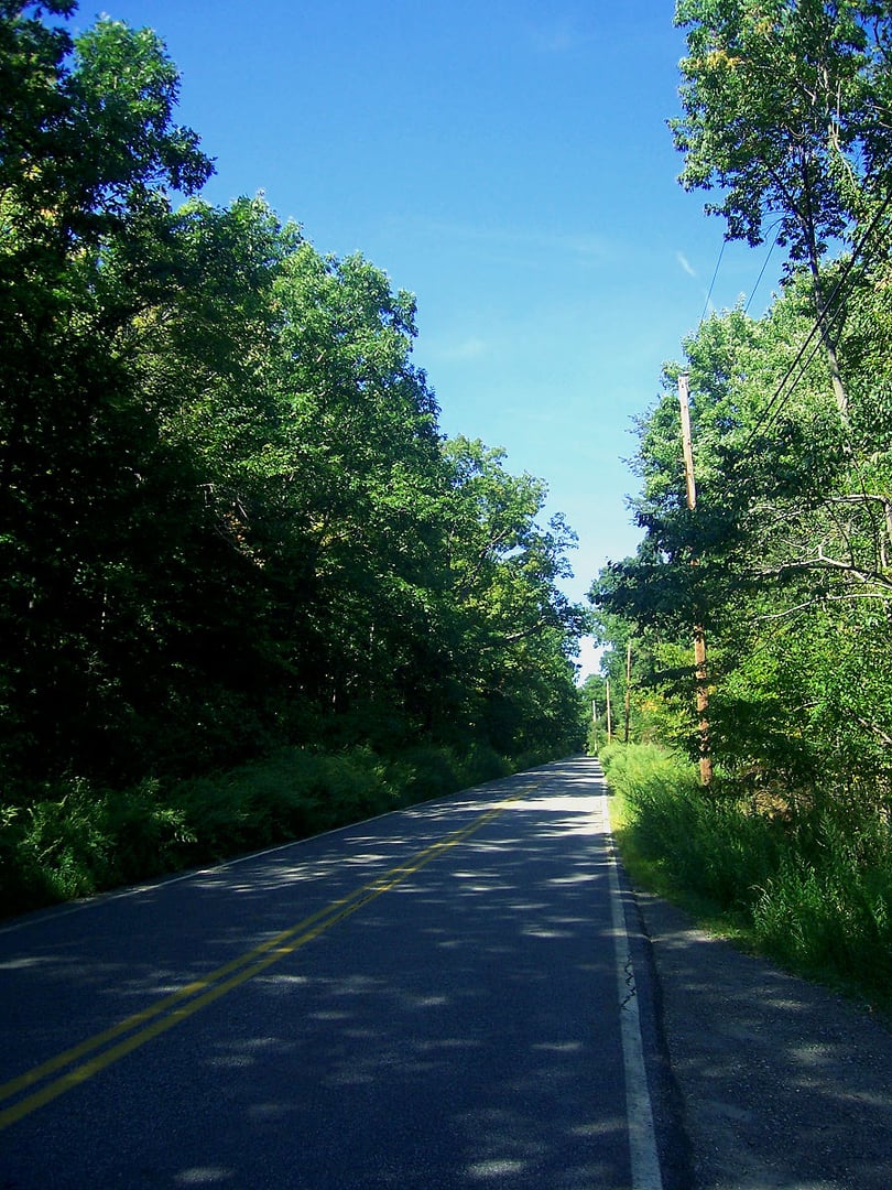 A typical wooded stretch of Clinton Road winding through West Milford, New Jersey, one of America's most haunted roads