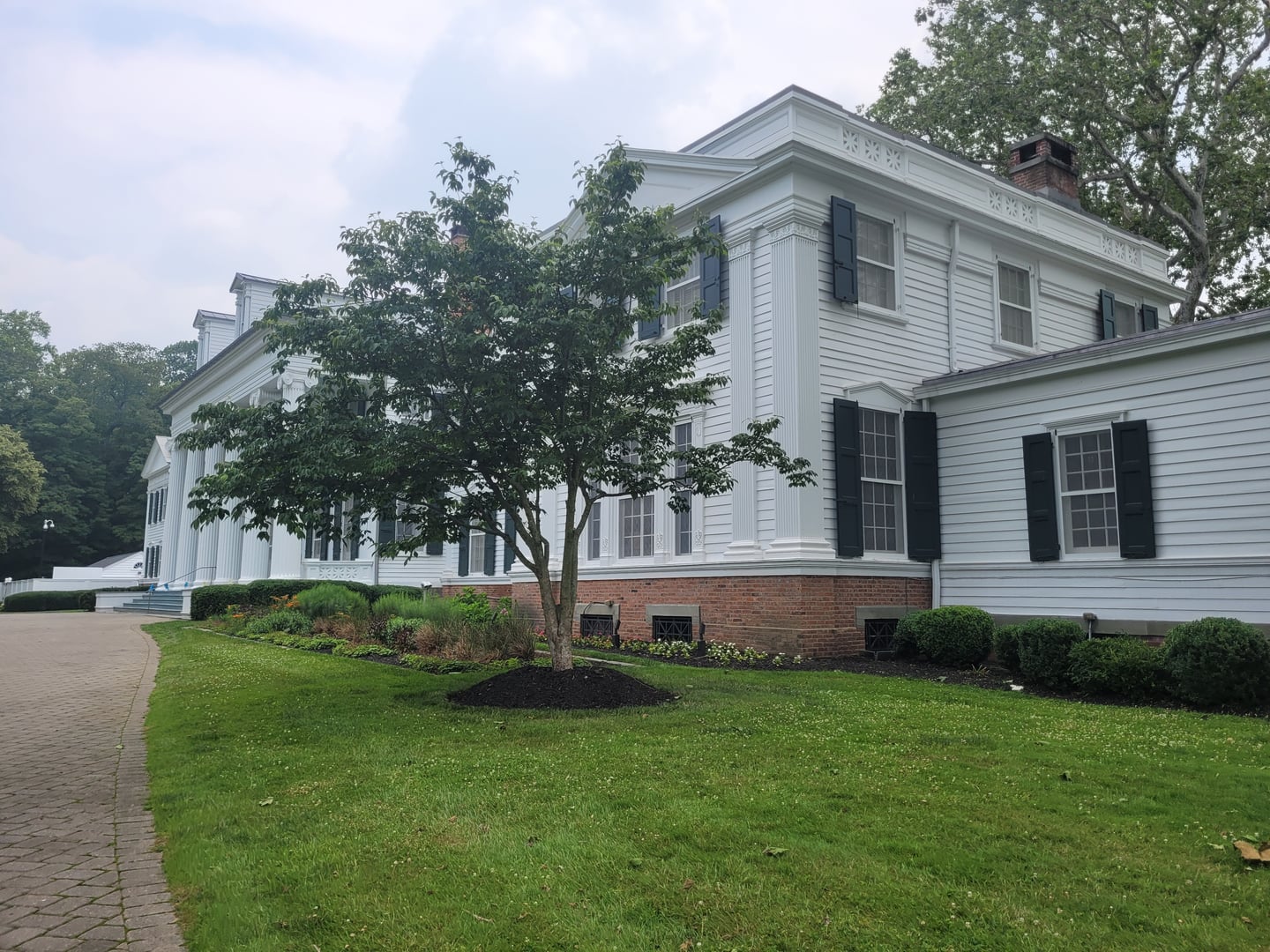 Greek Revival columned front facade of Drumthwacket, the 1835 mansion serving as New Jersey's official governor's residence in Princeton
