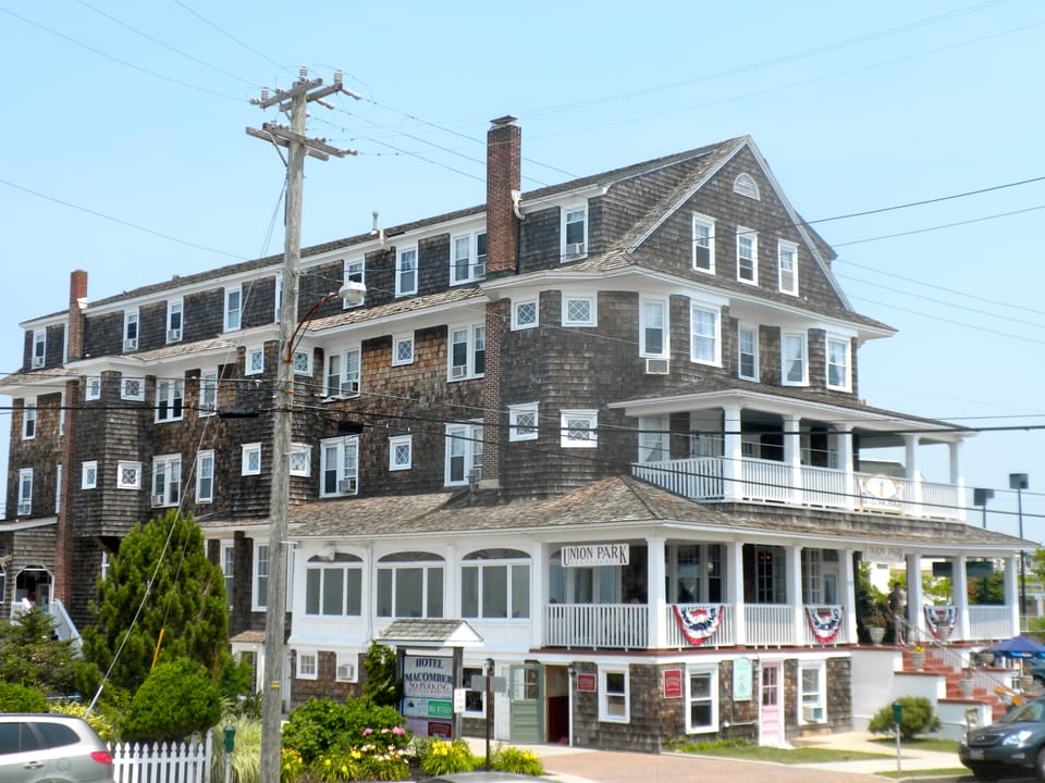 Macomber Hotel, NW corner of Beach Dr. and Howard St., in Cape May, New Jersey.  Part of the Cape May Historic District, on the NHL since 1976