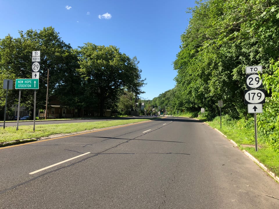 View north along New Jersey State Route 29 and New Jersey State Route 165 at Main Street and Mount Hope Street in Lambertville, Hunterdon County, New Jersey