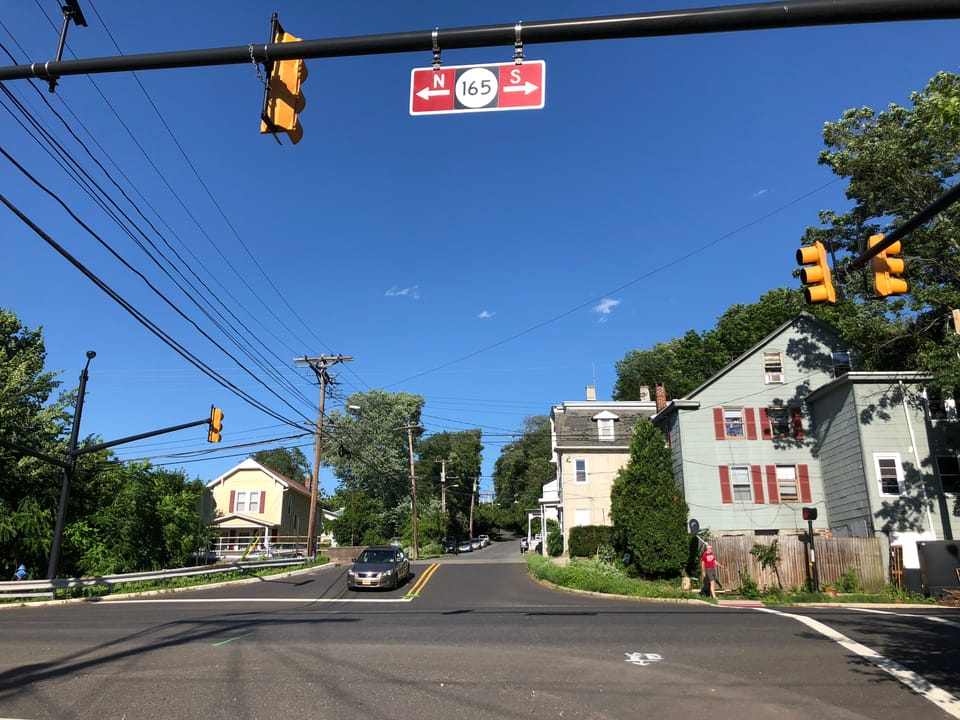 View east along Swan Street at New Jersey State Route 29 and New Jersey State Route 165 in Lambertville, Hunterdon County, New Jersey