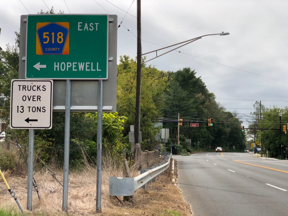 View south along New Jersey State Route 29 and New Jersey State Route 165 (River Road) at Hunterdon County Route 518 (Brunswick Street) in Lambertville, Hunterdon County, New Jersey