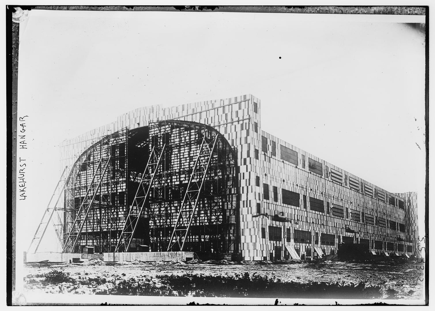 Exterior of the massive 1921 Hangar No. 1 at Naval Air Engineering Station Lakehurst, New Jersey, the National Historic Landmark airship hangar associated with the Hindenburg disaster