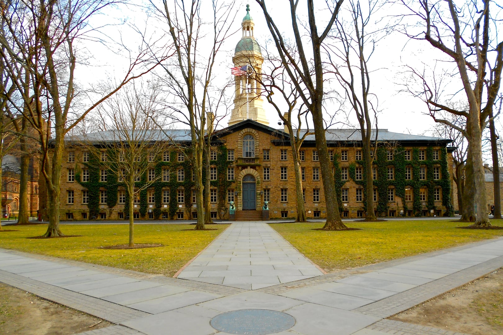 Nassau Hall at Princeton University, the 1756 colonial stone building facing Nassau Street and Cannon Green