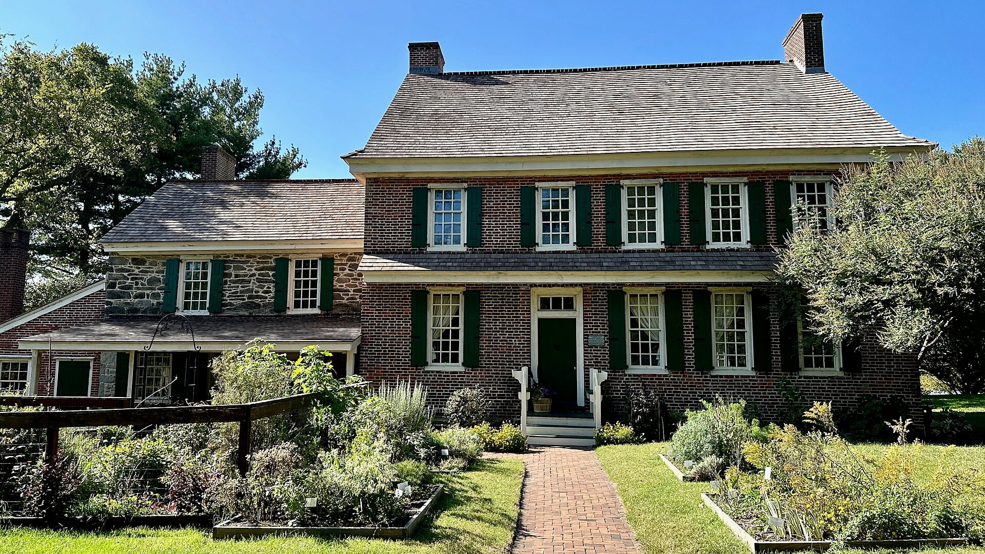 The 1748 James and Ann Whitall House at Red Bank Battlefield in National Park, New Jersey, a red-brick Quaker farmhouse that served as a Revolutionary War field hospital
